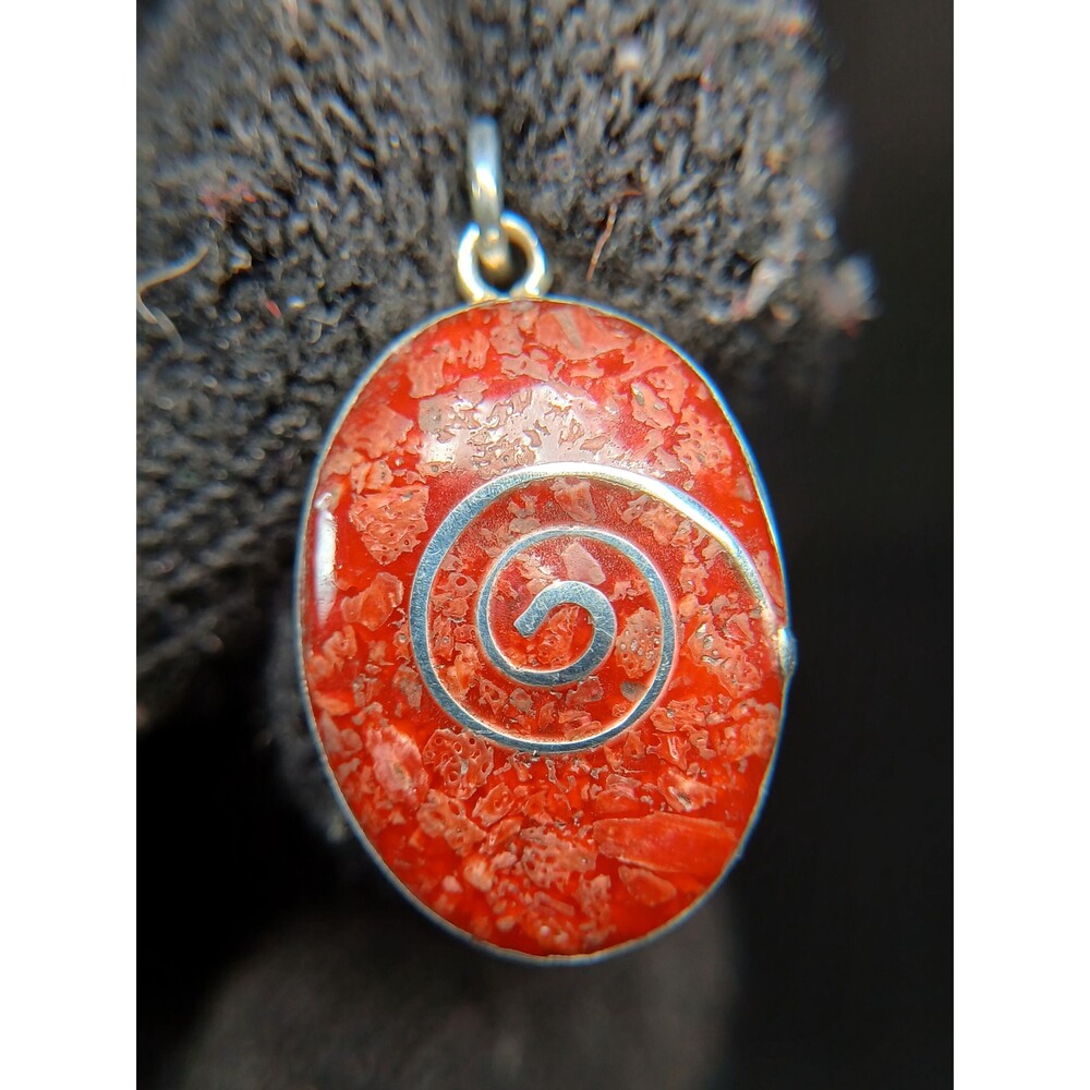 Sterling Silver 925 Red Coral Inlay Spiral Pendant 1.25"